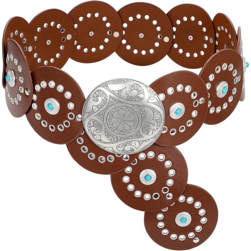 Woman's Western PU Leather Belts Concho Disc Wide Waist Belt Brown Silver Buckle